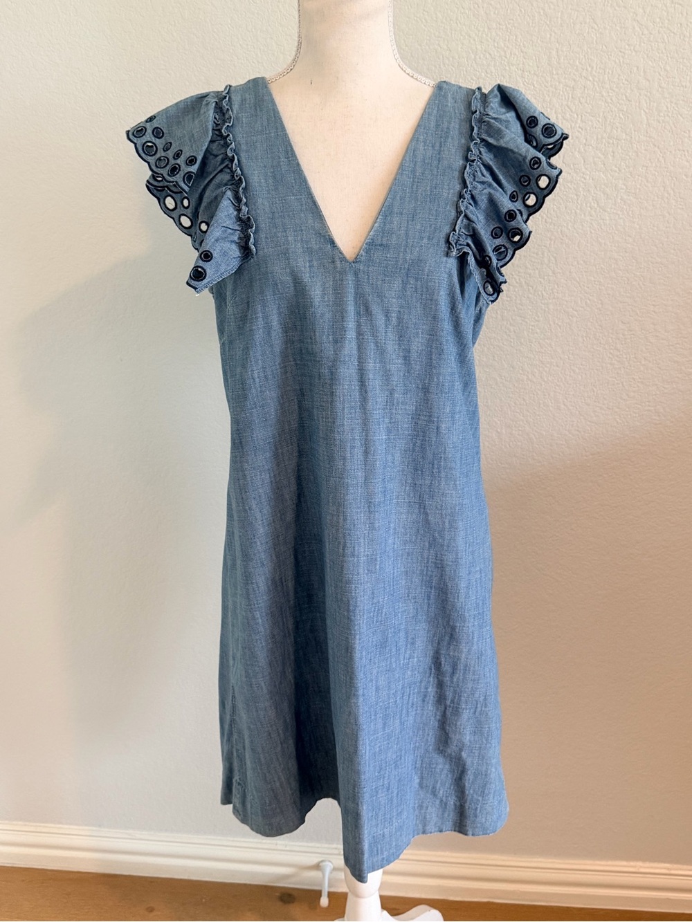 J. Crew Light Blue Eyelet Flutter Sleeve Chambray Cover-Up Dress - Picture 5 of 7